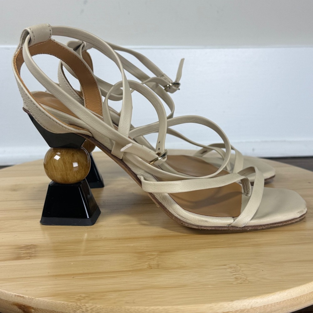Bobbies Paris Sculptural Heel Sandals Womens 36 US 5.5 Cream Strappy Leather Lux